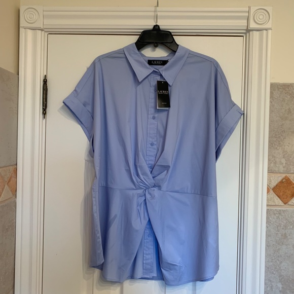 NWT  PLUS 2X  Ralph Lauren Cotton blend Short Sleeve Shirt Pebble Blue - Picture 2 of 7